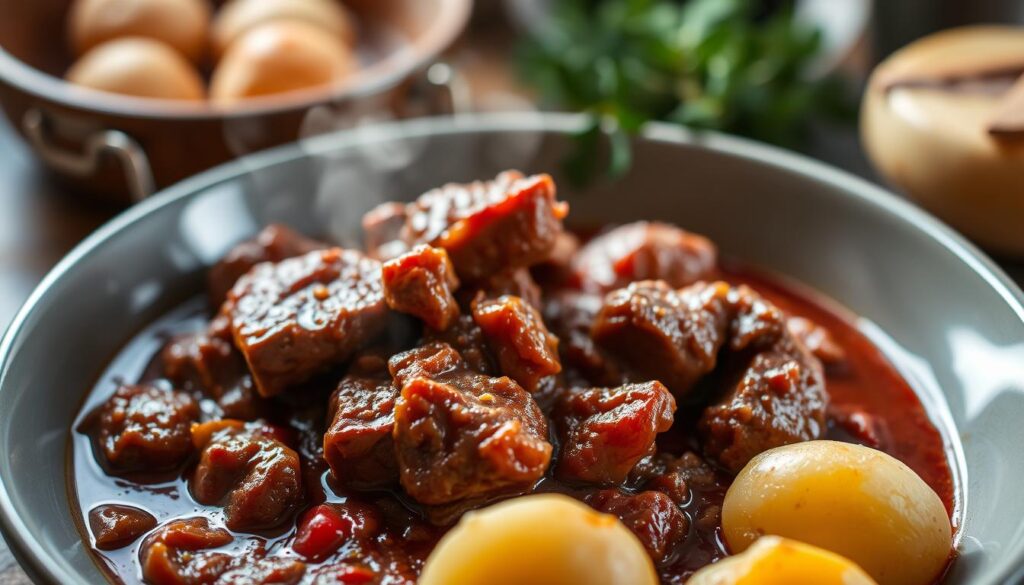 bœuf bourguignon accompagné de pommes de terre vapeur bœuf bourguignon accompagné de pommes de terre vapeur