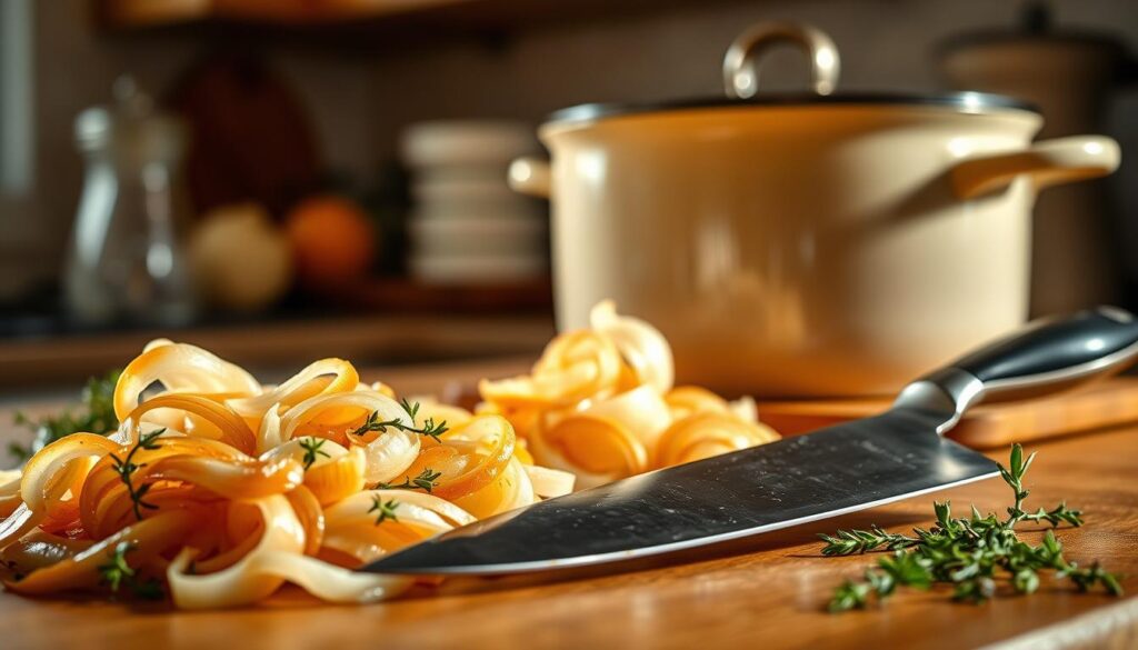 préparation des ingrédients pour la soupe à l'oignon gratinée préparation des ingrédients pour la soupe à l'oignon gratinée